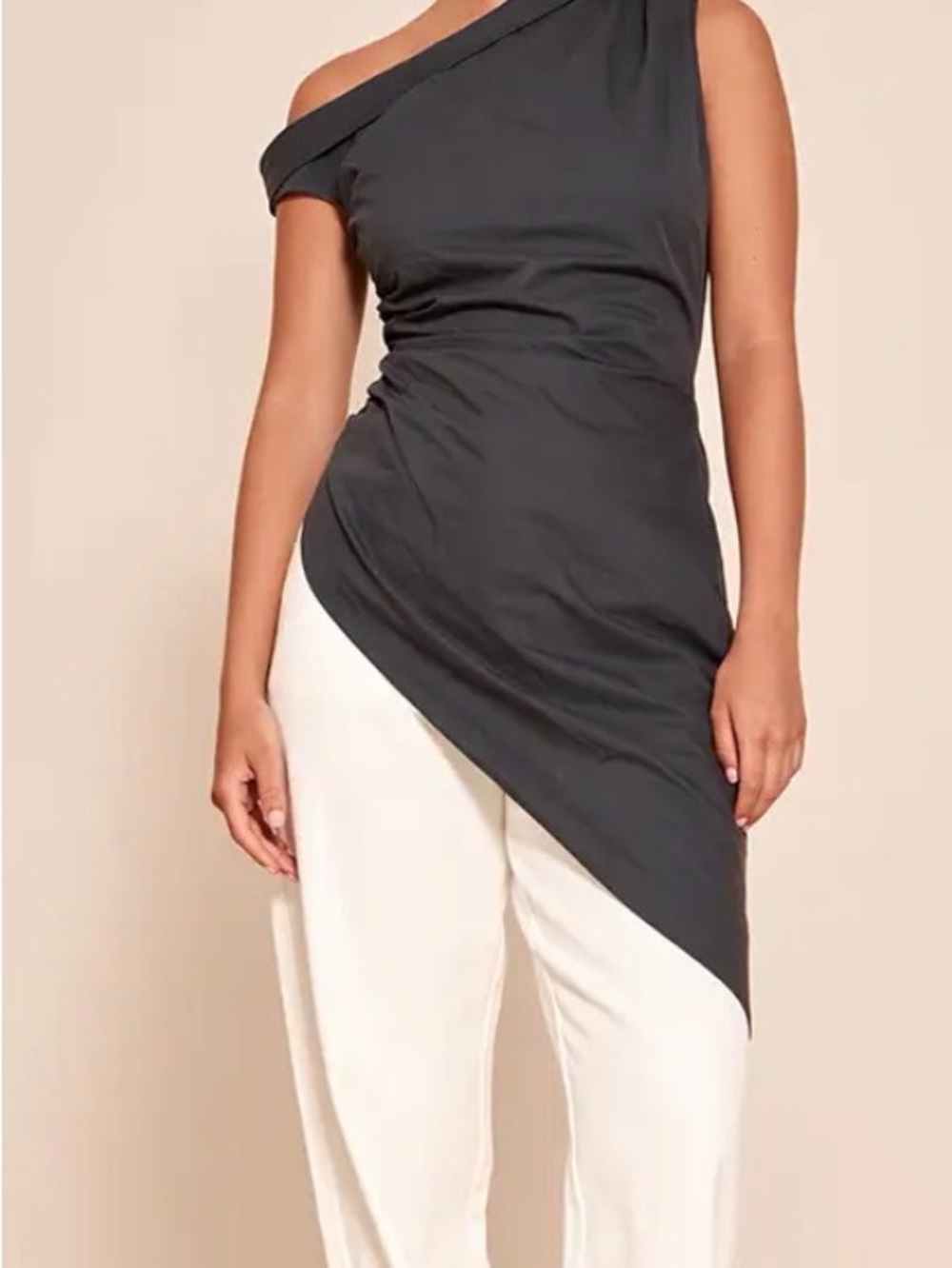 PLT Charcoal, one shoulder crunched, asymmetric extreme hem top size 6